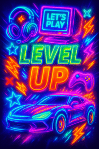 Et plakat, der viser stærk neonbelysning, med tekst i midten, hvor der står Level Up, og controller i højre side med stjerner rundt omkring på plakaten, høretelefoner øverst til venstre, en computer på toppen og en elbil i bunden